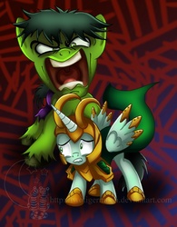 Size: 778x1000 | Tagged: safe, artist:twotigermoon, avengers, hilarious in hindsight, loki, ponified, the incredible hulk, you're going to love me