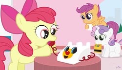 Size: 1200x690 | Tagged: safe, artist:dm29, apple bloom, scootaloo, sweetie belle, g4, crossover, cutie mark crusaders, female, filly, mouth hold, phone, the powerpuff girls, trio