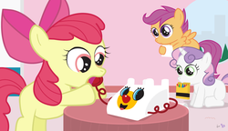 Size: 1200x690 | Tagged: safe, artist:dm29, apple bloom, scootaloo, sweetie belle, g4, crossover, cutie mark crusaders, female, filly, mouth hold, phone, powerpuff crusaders, the powerpuff girls, trio