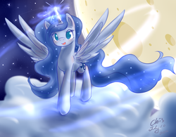 Size: 1920x1500 | Tagged: dead source, safe, artist:xcopyen002, princess luna, alicorn, pony, g4, cloud, cloudy, female, moon, solo