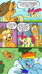 Size: 629x1100 | Tagged: safe, artist:spainfischer, apple bloom, applejack, rainbow dash, earth pony, pegasus, pony, g4, butt, comic, dialogue, female, filly, foal, mare, plot, pun