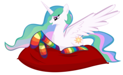 Size: 1280x782 | Tagged: safe, artist:weisdrachen, princess celestia, alicorn, pony, g4, clothes, female, pillow, rainbow socks, simple background, socks, solo, striped socks, thigh highs, transparent background