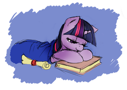 Size: 400x284 | Tagged: safe, artist:fore-trekker, twilight sparkle, pony, g4, book, female, mare, prone, scroll, smiling, solo