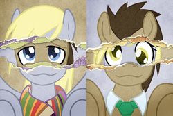 Size: 1200x800 | Tagged: safe, artist:saturnspace, derpy hooves, doctor whooves, time turner, earth pony, pegasus, pony, g4, clothes, crossover, doctor who, female, fourth doctor's scarf, male, mare, necktie, scarf, ship:doctorderpy, shipping, stallion, straight, striped scarf, the doctor
