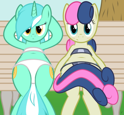 Size: 800x739 | Tagged: safe, artist:tg-0, bon bon, lyra heartstrings, sweetie drops, earth pony, pony, unicorn, g4, belly button, bikini, clothes, covering, female, show accurate, swimsuit, tail, tail covering