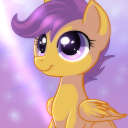 Size: 2222x2222 | Tagged: dead source, safe, artist:jacky-bunny, scootaloo, pegasus, pony, g4, abstract background, blank flank, cute, cutealoo, female, filly, foal, folded wings, high res, sitting, smiling, solo, wings