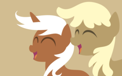 Size: 2400x1500 | Tagged: safe, artist:gingermint, artist:icekatze, mjölna, silver spanner, earth pony, pony, unicorn, g4, eyes closed, female, horn, lineless, mare, minimalist, modern art, open mouth, simple background, wallpaper
