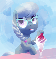 Size: 580x606 | Tagged: safe, artist:reuniclus, silver spoon, earth pony, pony, g4, cute, female, filly, foal, food, glasses, heart, ice cream, meganekko, silverbetes, solo, spoon