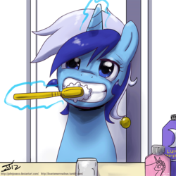 Size: 900x900 | Tagged: safe, artist:johnjoseco, minuette, pony, unicorn, g4, brushie, female, magic, mare, morning ponies, romana, solo, toothbrush, toothpaste