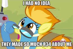 Size: 707x480 | Tagged: safe, edit, edited screencap, screencap, spitfire, pony, g4, hurricane fluttershy, my little pony: friendship is magic, caption, female, goggles, hub logo, image macro, implied porn, mare, meta, text