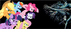 Size: 1439x589 | Tagged: safe, applejack, fluttershy, pinkie pie, rainbow dash, rarity, twilight sparkle, zombie, g4, female, resident evil