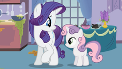 Size: 1225x689 | Tagged: safe, screencap, rarity, sweetie belle, pony, unicorn, g4, sisterhooves social, female, filly, mare, raised hoof, scrunchy face