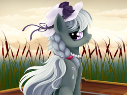 Size: 1600x1200 | Tagged: safe, artist:rainbow, silver spoon, earth pony, pony, g4, clothes, female, filly, fluffy, hat, jewelry, looking at you, looking back, looking back at you, necklace, pearl necklace, smiling, solo