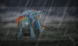 Size: 2317x1376 | Tagged: safe, artist:kocurzyca, rainbow dash, pegasus, pony, g4, crying, eyes closed, female, mare, rain, solo