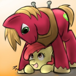 Size: 750x750 | Tagged: safe, artist:atticus83, apple bloom, big macintosh, earth pony, pony, g4, adorabloom, brother and sister, cute, duo, female, macabetes, male, open mouth, siblings, stallion