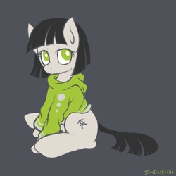 Size: 1600x1600 | Tagged: dead source, safe, artist:swaetshrit, oc, oc only, earth pony, pony, clothes, female, hoodie, looking at you, ponified, simple background, sitting, solo, sweater, teien