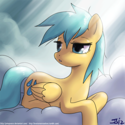 Size: 900x900 | Tagged: safe, artist:johnjoseco, sunshower raindrops, pegasus, pony, g4, cloud, cloudy, female, mare, morning ponies, solo