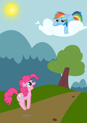 Size: 2480x3507 | Tagged: safe, artist:super-josh, pinkie pie, rainbow dash, earth pony, pegasus, pony, g4, cloud, duo, female, high res, mare, open mouth