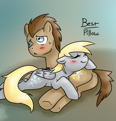 Size: 477x500 | Tagged: safe, artist:jitterbugjive, derpy hooves, doctor whooves, time turner, earth pony, pegasus, pony, lovestruck derpy, g4, blushing, butt, butt pillow, female, male, mare, pillow, plot, prone, ship:doctorderpy, shipping, sleeping, stallion, straight