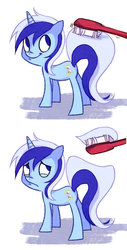 Size: 500x984 | Tagged: dead source, safe, artist:shiro, minuette, pony, unicorn, g4, before and after, brushie, female, frown, mare, smiling, solo, toothbrush, toothpaste