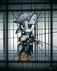 Size: 1060x1320 | Tagged: safe, artist:a17spartan768, minuette, pony, unicorn, g4, assassin's creed, bipedal, clothes, crossover, female, mare, solo, toothbrush