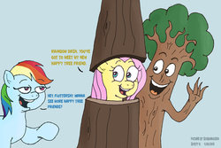 Size: 680x454 | Tagged: safe, artist:scobionicle99, fluttershy, rainbow dash, pegasus, pony, g4, dialogue, female, fluttertree, literal happy tree friends, mare, simple background, tree, tree costume