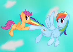 Size: 4092x2893 | Tagged: safe, artist:sidhenearlahi, rainbow dash, scootaloo, g4, female, scootaloo can fly