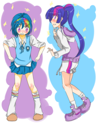 Size: 1062x1346 | Tagged: safe, artist:applestems, rainbow dash, twilight sparkle, human, g4, blushing, clothes, duo, embarrassed, female, humanized, rainbow dash always dresses in style, role reversal, shoes, skirt, sneakers