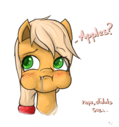 Size: 1400x1500 | Tagged: safe, artist:aspidoz, applejack, earth pony, pony, g4, blushing, drool, drool on face, drool string, female, liar face, liarjack, mare, puffy cheeks, simple background, solo, transparent background