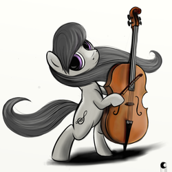 Size: 1000x1000 | Tagged: safe, artist:poussieredelune, octavia melody, earth pony, pony, g4, bipedal, cello, female, looking at you, mare, missing accessory, musical instrument, smiling, solo, standing, windswept mane