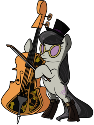 Size: 649x863 | Tagged: safe, artist:filipinoninja95, octavia melody, earth pony, pony, g4, bipedal, bipedal leaning, bow (instrument), cello, cello bow, female, hat, leaning, mare, musical instrument, simple background, solo, steampunk, sunglasses, top hat, transparent background