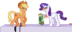 Size: 454x202 | Tagged: safe, artist:renaturnip, applejack, rarity, earth pony, pony, unicorn, g4, duo, female, gif, glasses, mare, non-animated gif, pixel art, rarity's glasses, simple background, towel, transparent background