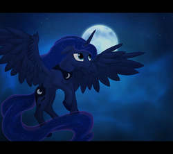 Size: 1280x1139 | Tagged: dead source, safe, artist:donkeydevice, princess luna, pony, g4, female, flying, letterboxing, moon, night, solo