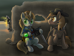 Size: 2400x1800 | Tagged: safe, artist:dawnmistpony, oc, oc only, oc:calamity, oc:littlepip, oc:steelhooves, earth pony, pegasus, pony, unicorn, fallout equestria, armor, battle saddle, brand, branding, clothes, dashite, fanfic, fanfic art, female, gun, hat, hooves, horn, jumpsuit, male, mare, open mouth, pipboy, pipbuck, power armor, rifle, shooting, sitting, stallion, steel ranger, vault suit, wasteland, weapon, wings