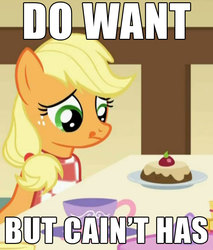 Size: 663x779 | Tagged: safe, edit, edited screencap, screencap, applejack, earth pony, pony, a bird in the hoof, g4, season 1, accent, artifact, cake, cropped, cup, female, hatless, image macro, meme, missing accessory, plate, solo, teacup, tongue out, want