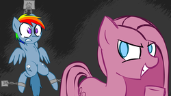 Size: 1280x720 | Tagged: safe, artist:lazy, pinkie pie, rainbow dash, earth pony, pegasus, pony, g4, bondage, clopcakes, duo, female, mare, peril, smiling, suspended