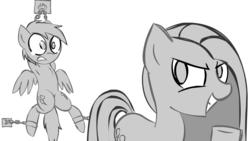 Size: 1280x720 | Tagged: safe, artist:lazy, pinkie pie, rainbow dash, pegasus, pony, g4, bondage, female, mare, monochrome, suspended, teary eyes, unsexy bondage