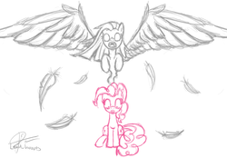 Size: 3450x2400 | Tagged: safe, artist:leadhooves, pinkie pie, earth pony, pony, g4, duality, feather, female, high res, mare, partial color, pinkamena diane pie, sitting