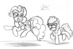 Size: 2456x1648 | Tagged: safe, artist:leadhooves, pinkie pie, twist, earth pony, pony, g4, duo, eyes closed, female, filly, foal, glasses, jumping, mare, open mouth, sketch