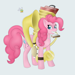 Size: 1080x1080 | Tagged: safe, artist:zeonart, pinkie pie, earth pony, parasprite, pony, g4, accordion, cymbals, female, harmonica, mare, musical instrument, tambourine, tuba