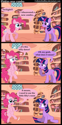 Size: 768x1536 | Tagged: safe, artist:coltsteelstallion, pinkie pie, twilight sparkle, earth pony, pony, unicorn, g4, blushing, comic, confused, desperation, female, looking up, mare, need to pee, omorashi, potty dance, potty time, smiling, unicorn twilight, wide mouth