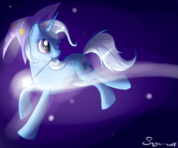 Size: 599x498 | Tagged: safe, artist:haunthid, trixie, pony, unicorn, g4, female, looking back, mare, mouth hold, solo, wand