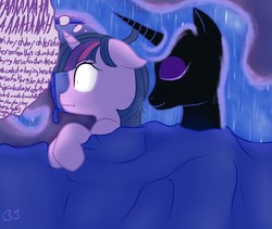 Size: 950x800 | Tagged: safe, artist:bb, nightmare moon, twilight sparkle, pony, unicorn, g4, :t, bed, blanket, duo, eyes closed, female, floppy ears, lesbian, mare, on side, ship:twimoon, shipping, sleeping, smiling, thought bubble, wide eyes