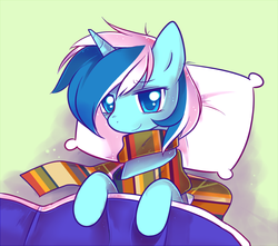 Size: 800x706 | Tagged: safe, artist:pekou, minuette, pony, unicorn, g4, bed, clothes, female, fourth doctor's scarf, mare, pillow, scarf, solo, striped scarf
