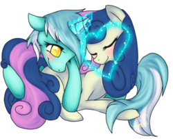 Size: 960x768 | Tagged: safe, artist:ambunny, bon bon, lyra heartstrings, sweetie drops, earth pony, pony, unicorn, g4, blushing, eyes closed, female, heart, lesbian, magic, ship:lyrabon, shipping, simple background, transparent background