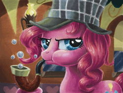 Size: 640x480 | Tagged: safe, artist:the-wizard-of-art, pinkie pie, earth pony, pony, g4, mmmystery on the friendship express, season 2, bubble, bubble pipe, deerstalker, detective, female, hat, mare, pipe, puffy cheeks, scene interpretation, sherlock holmes, solo, traditional art, watercolor painting