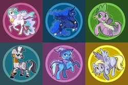 Size: 900x600 | Tagged: safe, artist:kaceymeg, derpy hooves, princess celestia, princess luna, spike, trixie, zecora, pegasus, pony, zebra, g4, female, mare