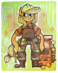 Size: 800x1000 | Tagged: safe, artist:fuckinmonday, applejack, earth pony, pony, g4, crossover, engineer, engineer (tf2), female, solo, team fortress 2