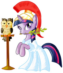 Size: 1778x2077 | Tagged: safe, artist:catscratchpaper, owlowiscious, twilight sparkle, owl, pony, g4, armor, athena, athena sparkle, costume, duo, female, greek mythology, helmet, hilarious in hindsight, mare, mouth hold, robes, simple background, white background
