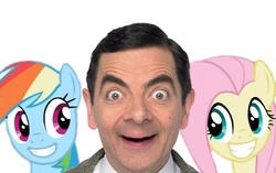 Size: 550x346 | Tagged: safe, fluttershy, rainbow dash, human, g4, may the best pet win, faic, female, irl, looking at you, mr bean, photo